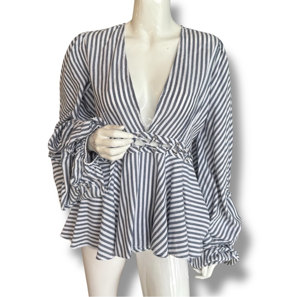 VENUS Dark Blue & White Striped V-Neck Blouse with Laced Open Waist. Women Sz 14